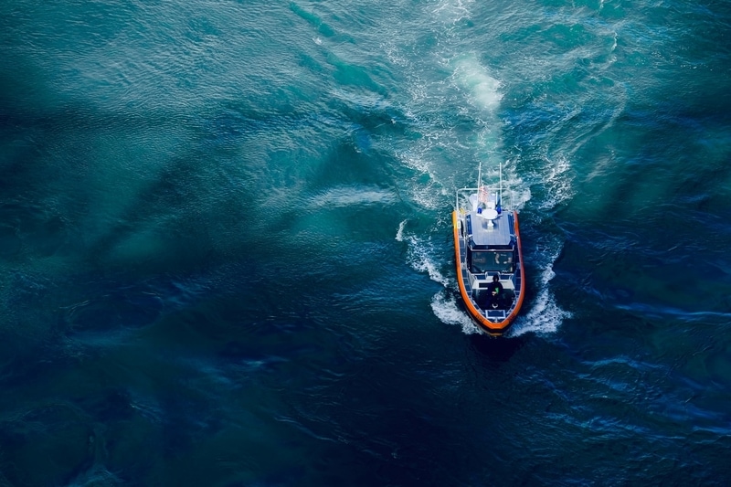 Overhead shot of a boat in the ocean