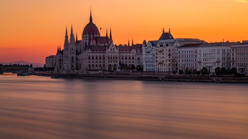 Sunset overlooking Parliament building in Budapest Hungary