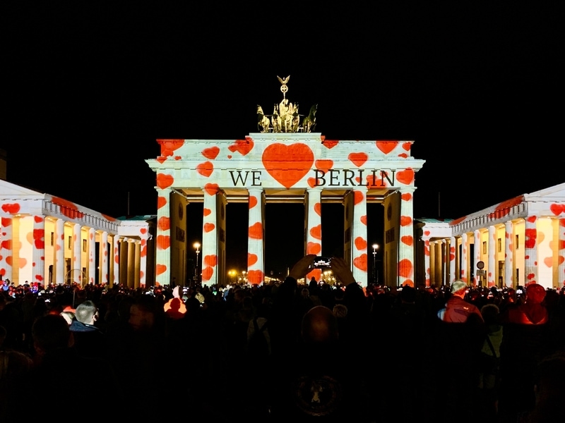 berlin building lit up at night