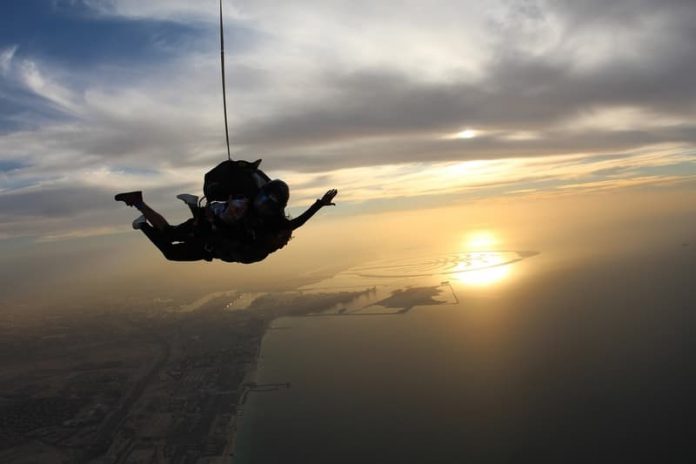 Skydiving with a sunset