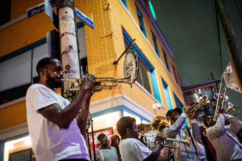 Jazz band playing instruments in Frenchmen street in New Orleans