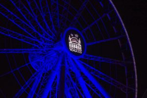Navy Pier Centennial Ferris wheel at night with blue lights