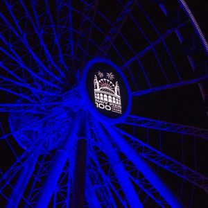 Navy Pier Centennial Ferris wheel at night with blue lights