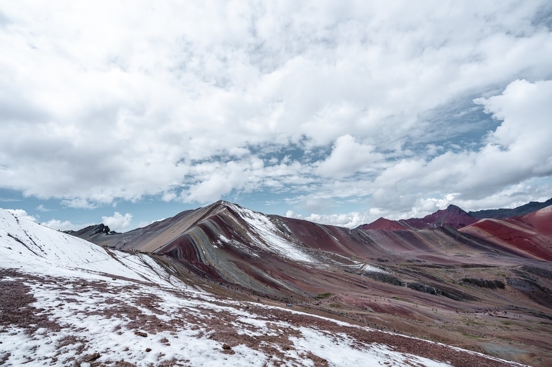 Rainbow Mountain in Peru covered in snow