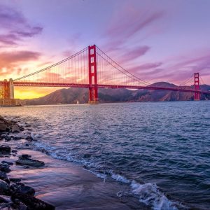 View of Golden Gate Bridge at sunset