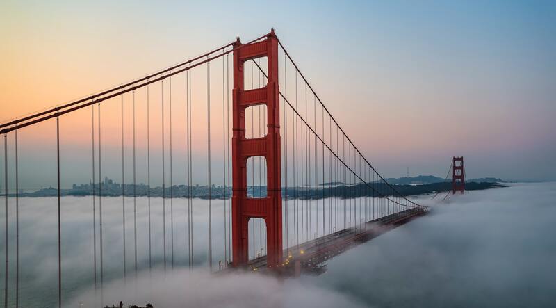 View of the Golden Gate Bridge in the fog