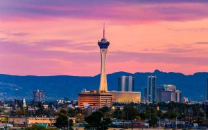 View of Strat Skypod tower in Las Vegas at sunset
