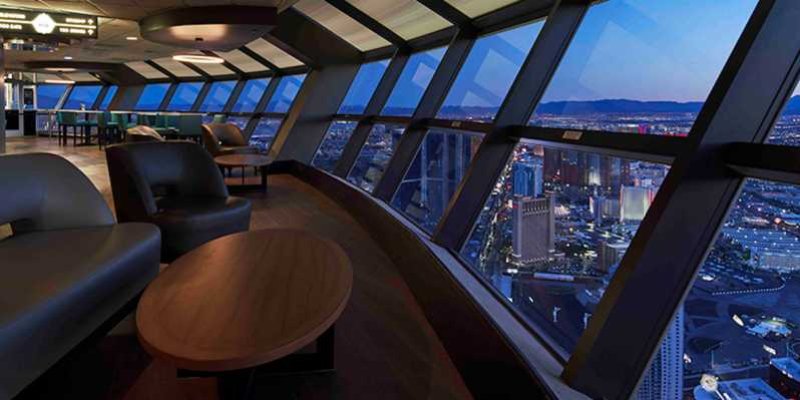 Interior view of the observation deck at the Strat Skypod in Las Vegas