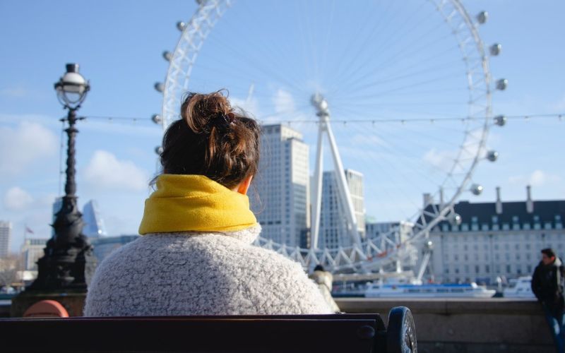 London Eye and woman dressing for Winter
