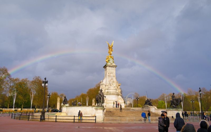 Queen Victoria Memorial in London with rainbow
