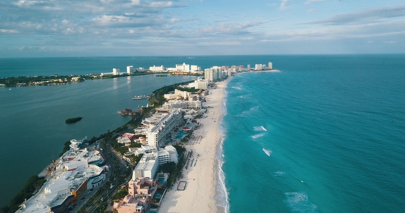 An aerial view of the Hotel Zone on the beach in Cancun, Mexico