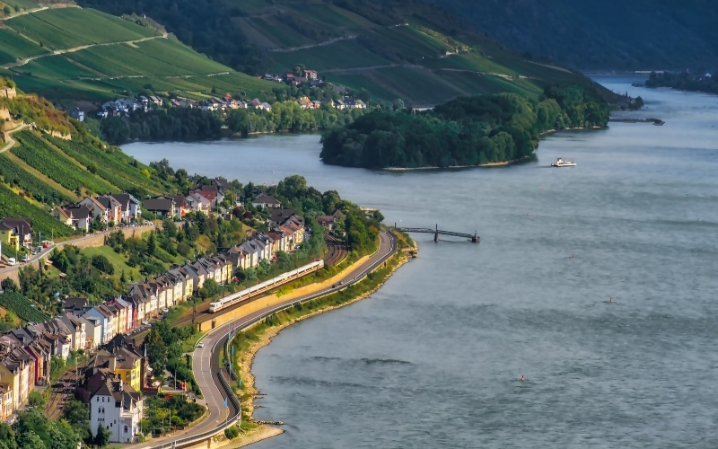 A landscape view of the Rhine River Valley in Germany