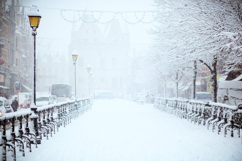 A snowy street in Mechelen, Belgium