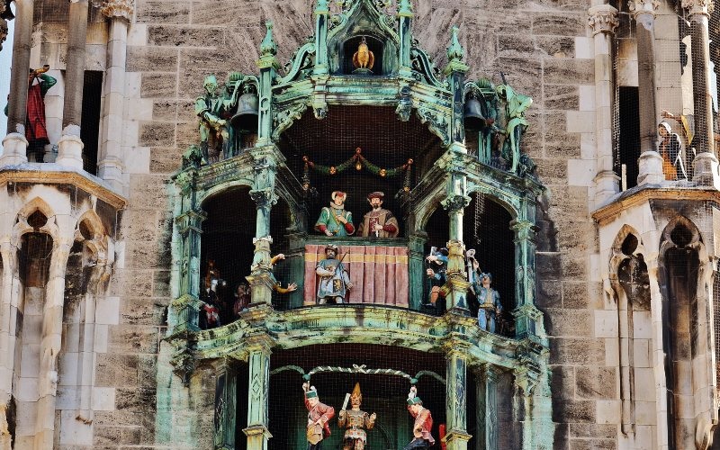A closeup of the Glockenspiel figurines found at the Marienplatz in Munich, Germany