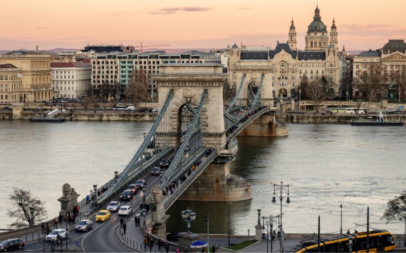 View of Budapest bridge and Danube River at sunset