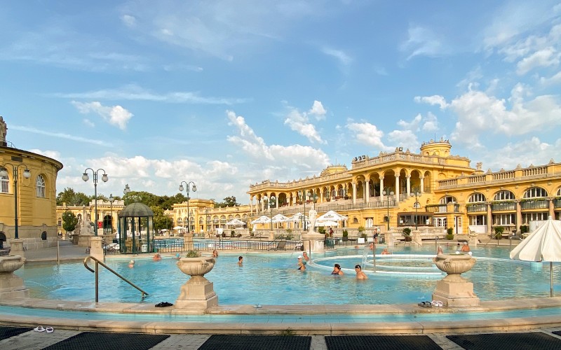Old yellow Budapest building and pool