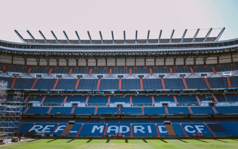 Wide-angle view of a Real Madrid football stadium
