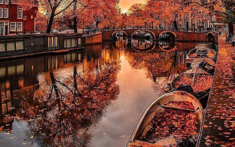 A canal in Amsterdam during the fall season.