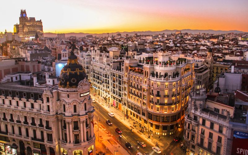 Sunset view of Gran Via in Madrid