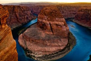 Sunset at Horseshoe bend in the Grand Canyon.
