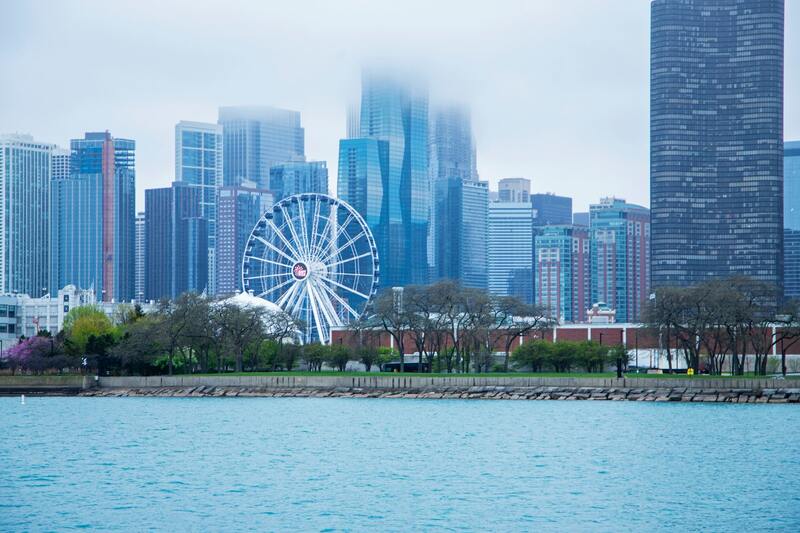 Chicago skyline with Navy Pier Centennial Ferris wheel