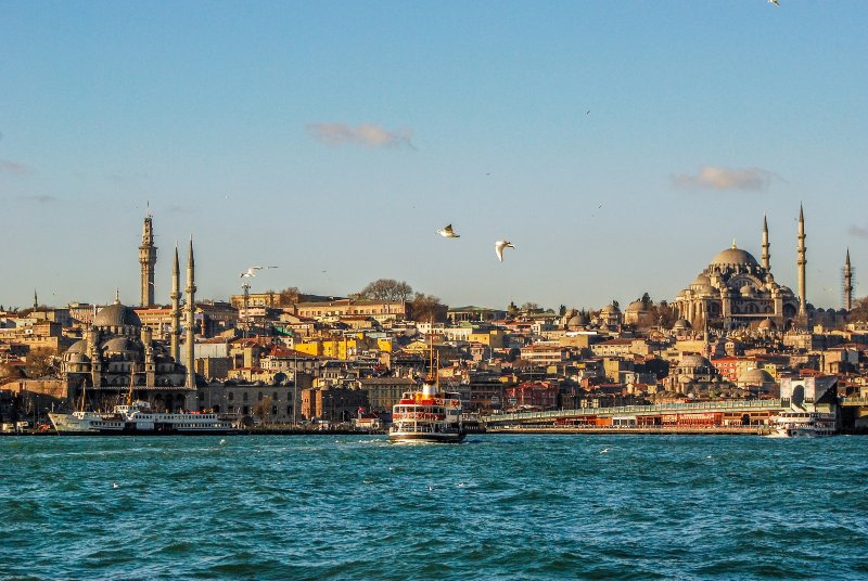 View of buildings in Istanbul from the ocean