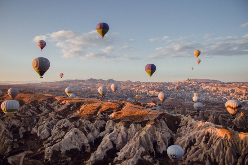 Hot air balloons flying over Cappadocia in Turkey